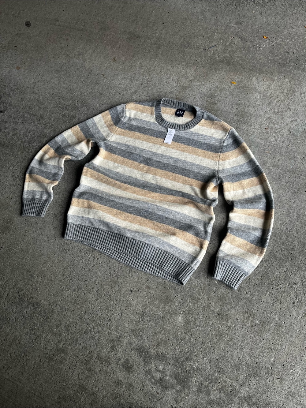 GAP Men's Striped Crewneck Sweater — Gray, Cream & Tan